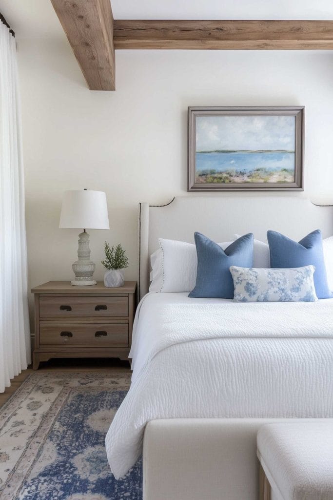 A light and airy coastal bedroom with a white bed adorned with blue and white throw pillows. A rustic wooden beam spans the ceiling, while a serene coastal painting hangs above the bed. The space is accented with a soft blue patterned rug and a simple nightstand with a decorative lamp and greenery.