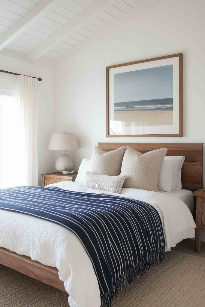 A minimalist bedroom with a wooden bed frame, featuring neutral bedding with a navy blue striped throw at the foot of the bed. A large framed beach photograph hangs above the bed, while white curtains and natural light streaming through the window create a calm, coastal atmosphere.