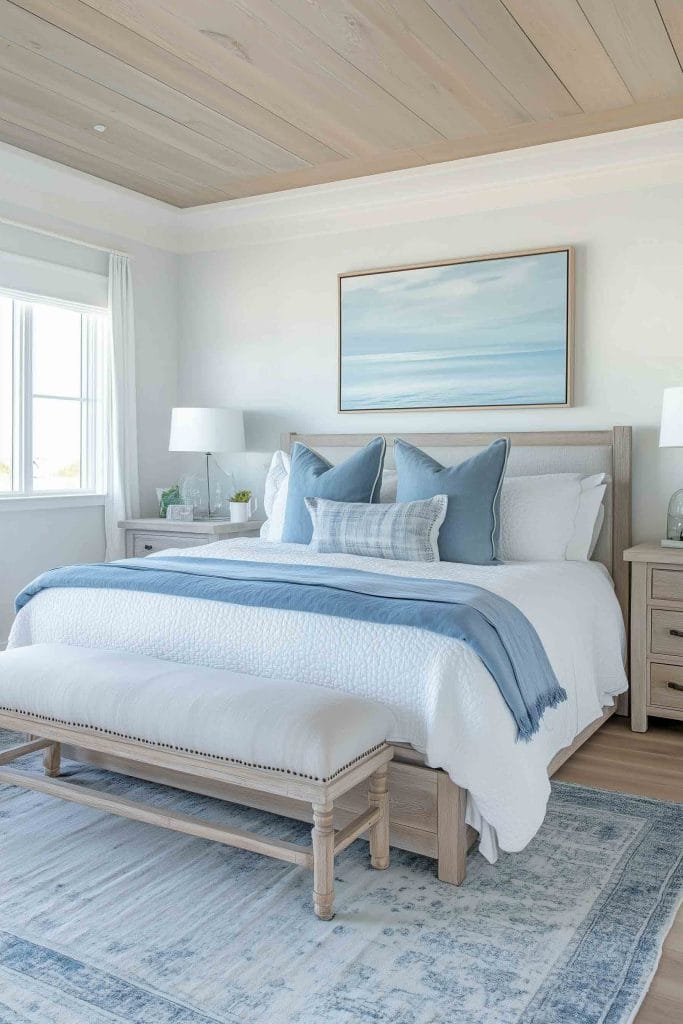 A serene bedroom with light wood accents and soft blue tones. The room features a light wood bed frame with a white quilt and blue decorative pillows. A light blue throw drapes across the bed, complementing the ocean-inspired painting above the headboard. A simple bench sits at the foot of the bed, with side tables on either side, holding lamps and minimal decor.