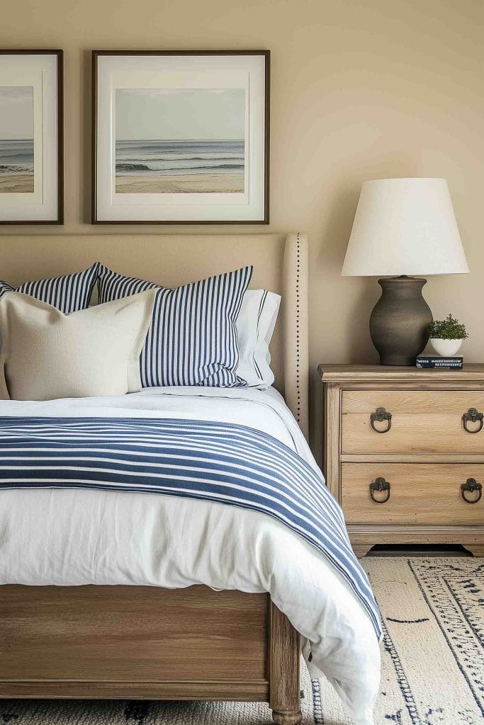 A coastal-inspired bedroom featuring a beige upholstered bed with blue and white striped bedding. Two framed beach landscape prints hang above the bed, and a rustic wood nightstand with a black ceramic lamp sits to the side, adding warmth and texture to the space.