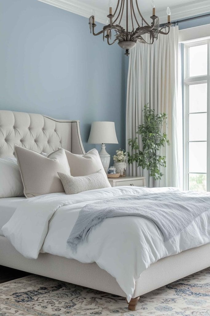 A peaceful bedroom with a soft blue feature wall. The bed has a tufted headboard and is dressed in neutral bedding with beige and gray accents. A classic chandelier hangs above, adding elegance to the coastal-inspired space. The large window lets in natural light, brightening the room’s minimalist design.