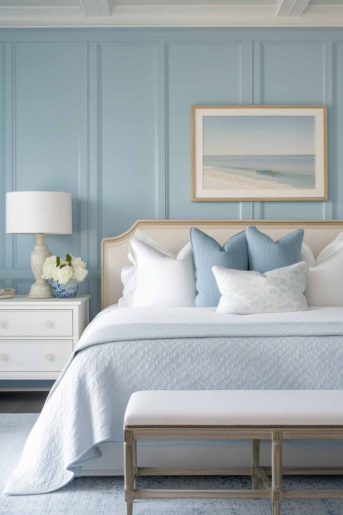 A bright and airy bedroom with a calming coastal vibe. The soft blue paneled walls match the bedding, which is a blend of white and light blue tones. A framed painting of a beach hangs above the bed. The room is adorned with a mix of traditional and coastal decor, including a light wood nightstand, white lamps, and a cushioned bench at the foot of the bed.