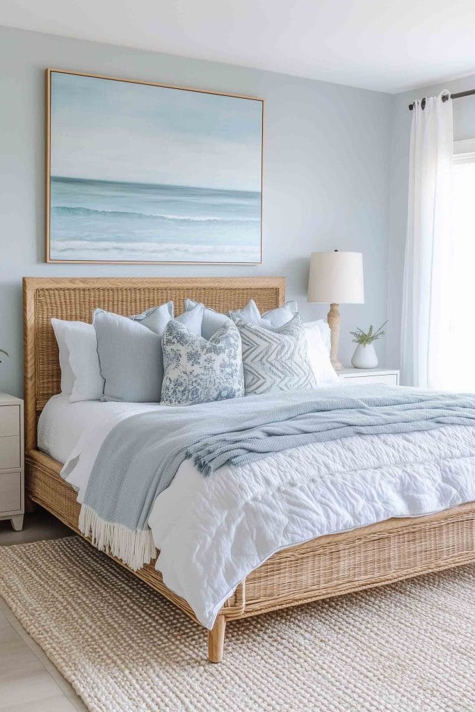 A bedroom with a natural, woven texture bed frame and coastal decor. The room's color scheme revolves around light blues and whites, with layered pillows and a cozy light blue throw blanket. A large ocean painting hangs above the bed, enhancing the beach-inspired ambiance. The space feels relaxed and fresh, with natural light streaming in through sheer curtains.