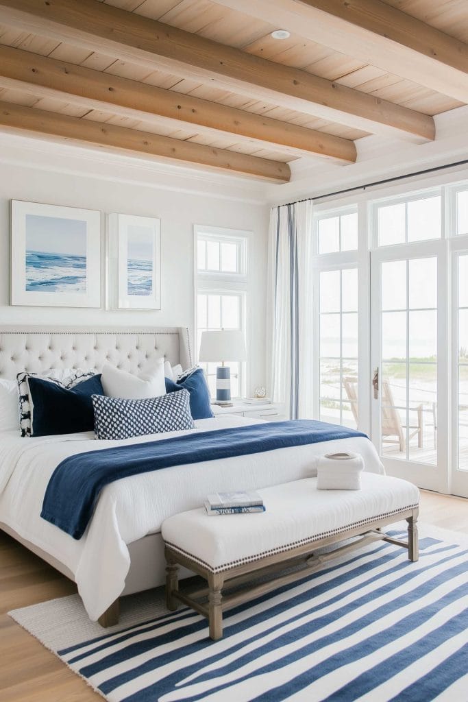 A bedroom with a white and navy blue color palette, featuring a tufted headboard and striped rug. The bed has crisp white bedding with navy blue accents, and a bench sits at the foot of the bed. Large windows offer a view of the outdoors, adding to the coastal feel with ample natural light and a view of the sea. Two framed ocean-themed artworks hang above the bed.