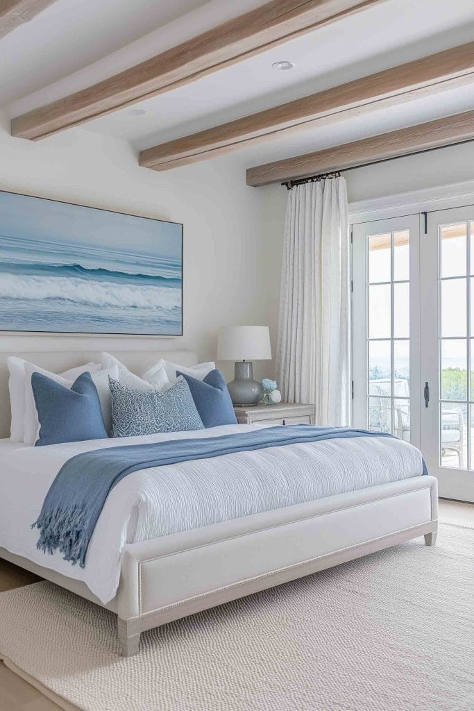 A tranquil bedroom featuring a white bed with soft blue pillows and a matching throw blanket. A large ocean painting hangs above the bed, echoing the serene theme. Wooden beams accentuate the ceiling, and large French doors allow natural light to brighten the space. Light wood side tables and minimal decor, including a vase of flowers, complete the coastal look.