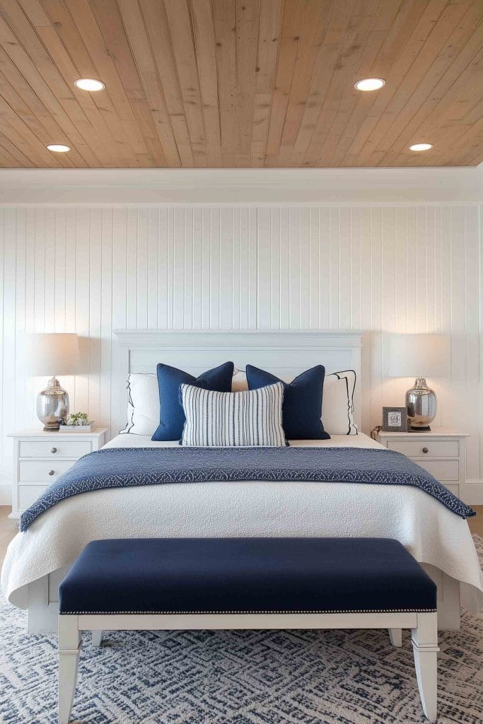 A fresh and modern coastal bedroom with a white bed and navy blue accents. The wood-paneled ceiling adds warmth to the space, while white shiplap walls evoke a seaside cottage feel. The bed is styled with striped and navy pillows, a matching blue bench at the foot, and a geometric-patterned rug beneath.