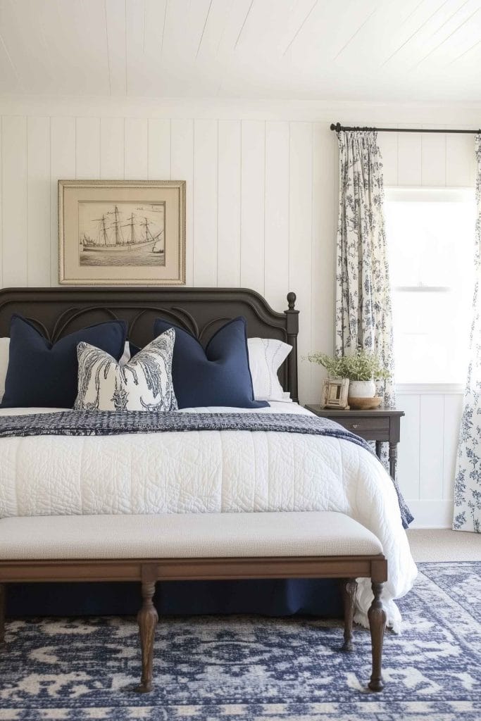 A classic nautical-inspired bedroom with a dark wood bed frame and crisp white bedding. The decor includes navy blue throw pillows and a patterned blanket, matching the deep blue rug. A framed vintage ship drawing above the bed and floral curtains enhance the traditional, seafaring aesthetic.