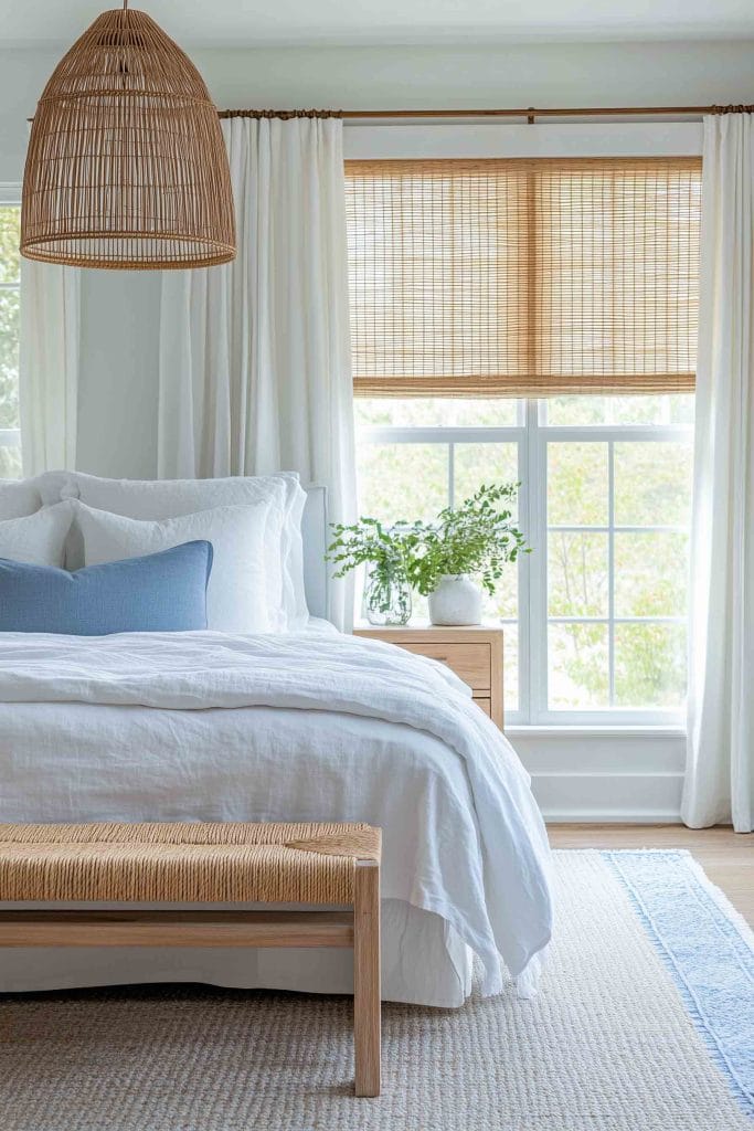 A light and airy bedroom with a white bedspread and light blue pillows. The room features a rattan pendant light and natural wood accents, including a bench and nightstand. White curtains frame large windows, allowing soft light to filter through the woven blinds. The space feels calm and coastal, with greenery adding a touch of freshness.