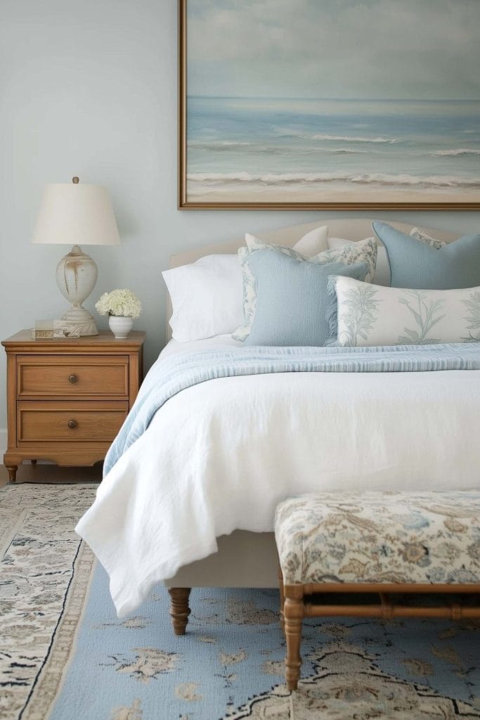 A tranquil bedroom with soft blue and white tones, featuring a large ocean painting above the bed. The bed is adorned with pillows in pale blue and white, and a wooden nightstand holds a rustic lamp and a small floral arrangement. A patterned rug with coastal colors completes the serene look.