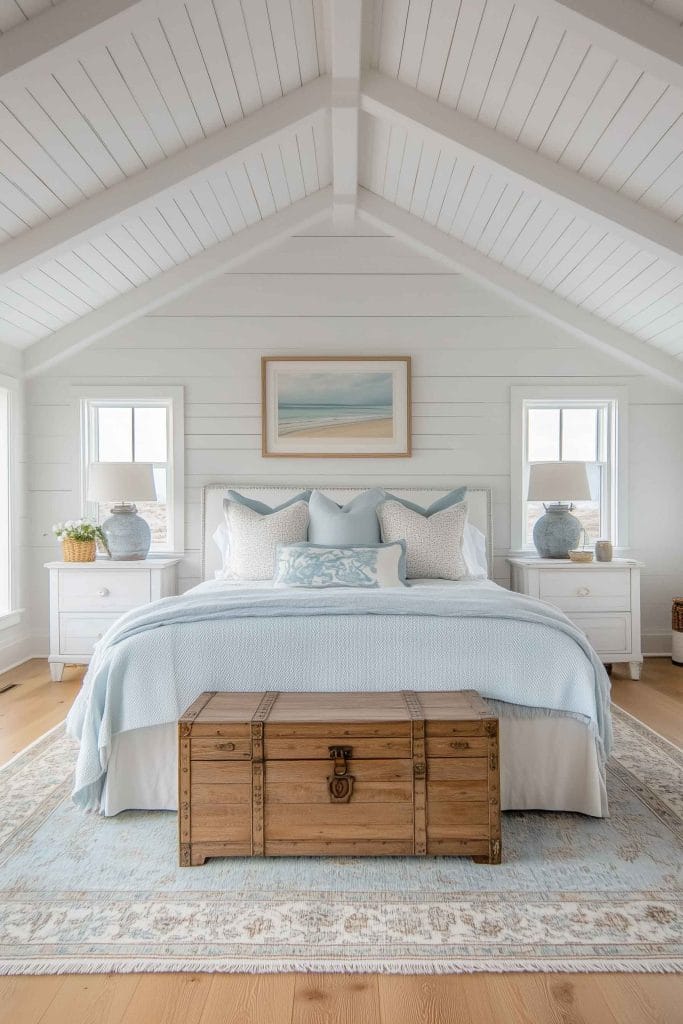 A bright and airy bedroom with a white plank ceiling and light blue bedding. The bed is centered between two windows, each flanked by a white nightstand with blue ceramic lamps. A wooden chest sits at the foot of the bed, adding a natural element to the soft, coastal decor.