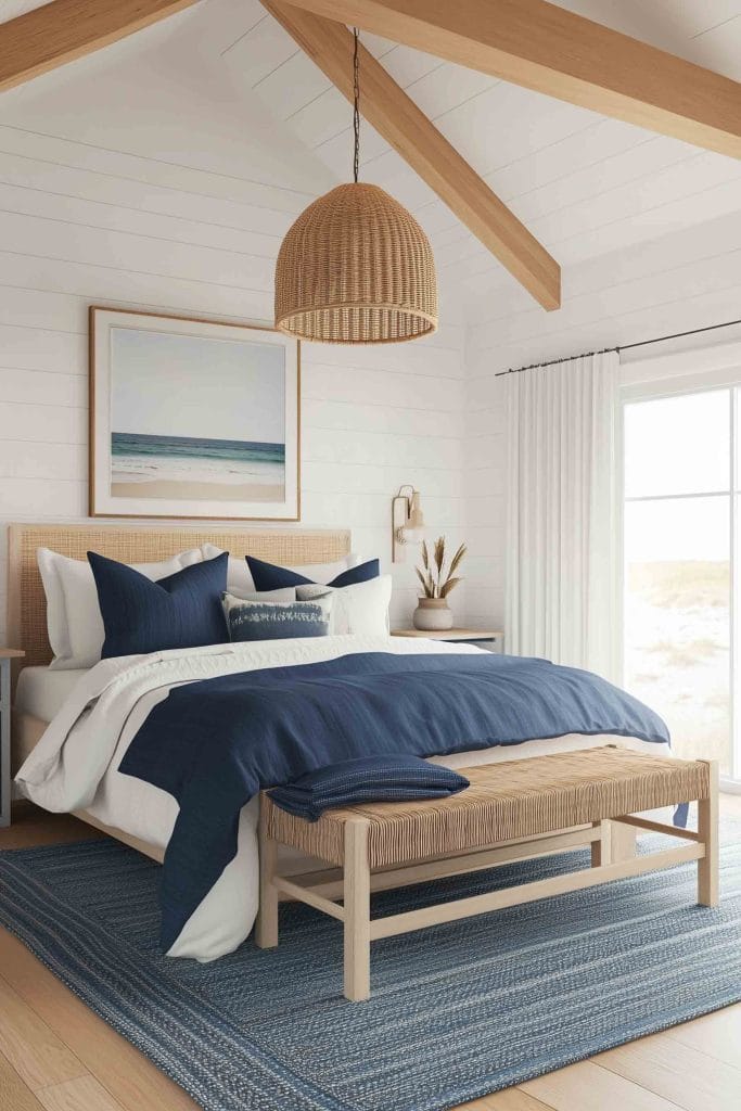 A light and airy coastal bedroom with vaulted wood beam ceilings and a large woven pendant light. The bed is dressed in white and navy bedding with a natural rattan bench at the foot. A beach landscape print hangs above the bed, and the room is filled with soft natural light, enhancing the relaxed coastal atmosphere.