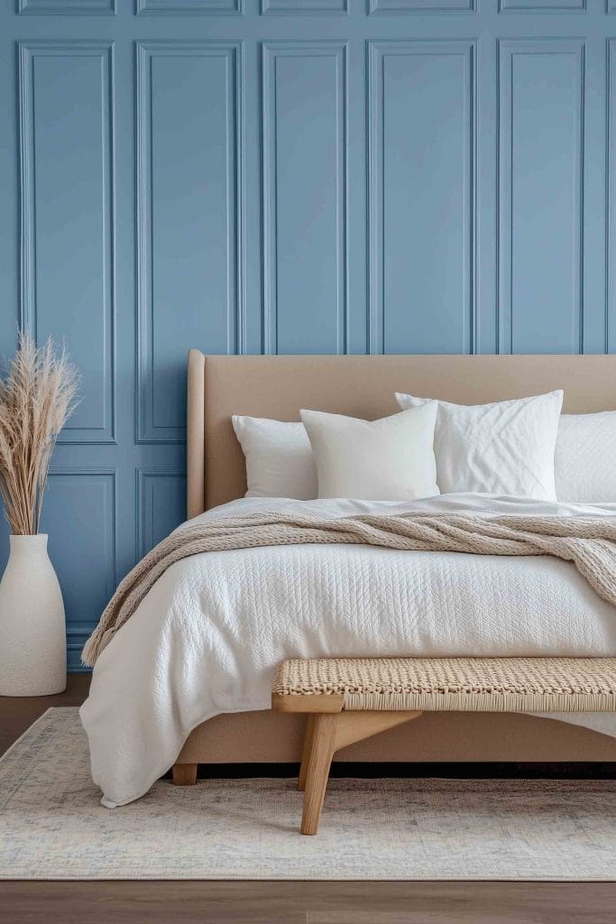 A minimalist bedroom featuring a deep blue accent wall with elegant paneling. A beige upholstered bed is dressed in crisp white linens with a textured throw, and a woven bench sits at the foot of the bed. Pampas grass in a ceramic vase adds a natural touch to the modern coastal theme.