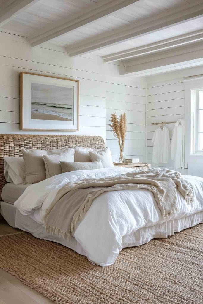 A cozy coastal bedroom with a rattan bed frame, soft neutral linens, and a large framed beach scene above the bed. The room features white plank walls, a woven jute rug, and decorative pampas grass, creating an inviting and earthy feel.