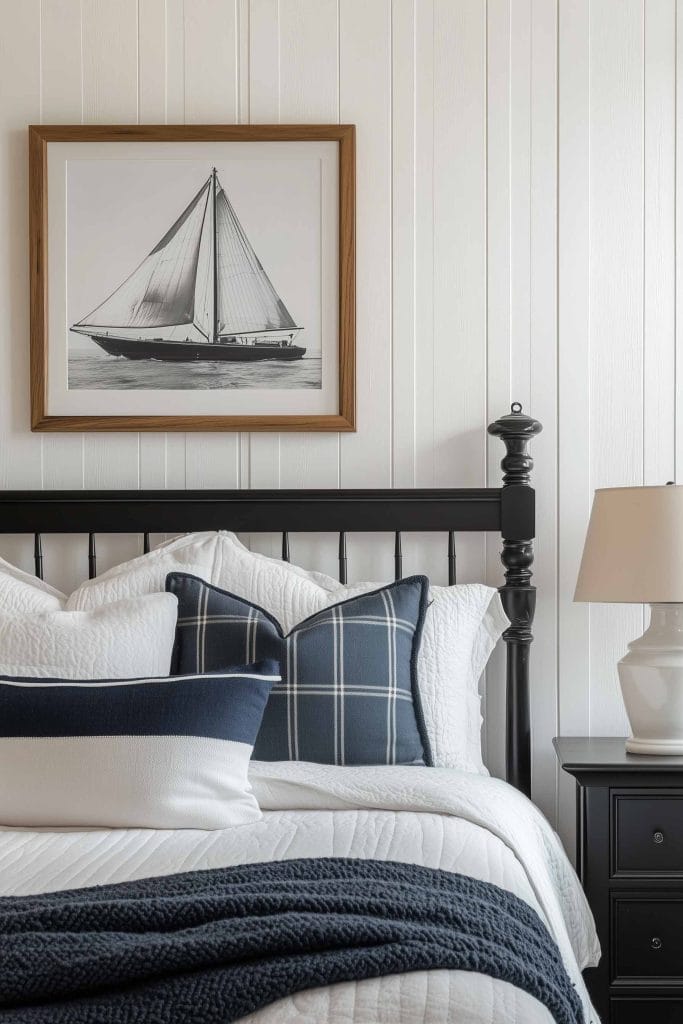 A nautical-themed bedroom with a black metal bed frame, white and navy blue bedding, and a framed photograph of a sailboat above the bed. The dark wood nightstand holds a simple lamp, contributing to the sophisticated coastal aesthetic.