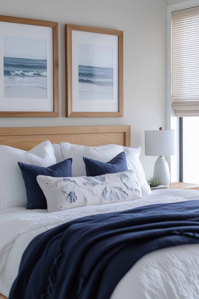  serene bedroom with a light wood bed frame, adorned with white linens and navy blue accents. Two framed pictures of ocean waves hang above the bed, and a small white lamp rests on a wooden side table next to a window dressed with woven shades.