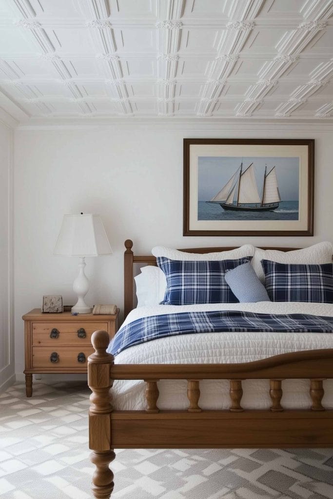 A nautical-inspired bedroom with a classic wooden bed frame and checkered navy and white bedding. Above the bed hangs a painting of a sailing ship. A small, vintage-style wooden nightstand holds a simple white lamp.