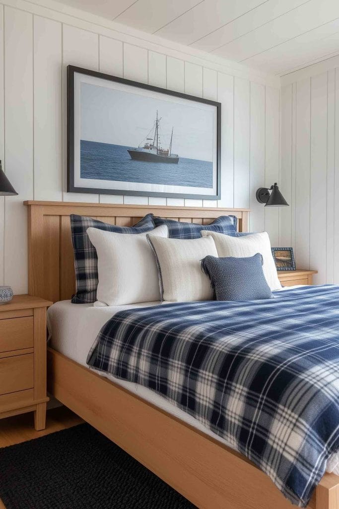 A cozy bedroom featuring a light wood bed with plaid navy and white bedding. The walls are adorned with vertical shiplap, and a framed picture of a fishing boat hangs above the bed. Simple black sconces flank the bed for reading lights.