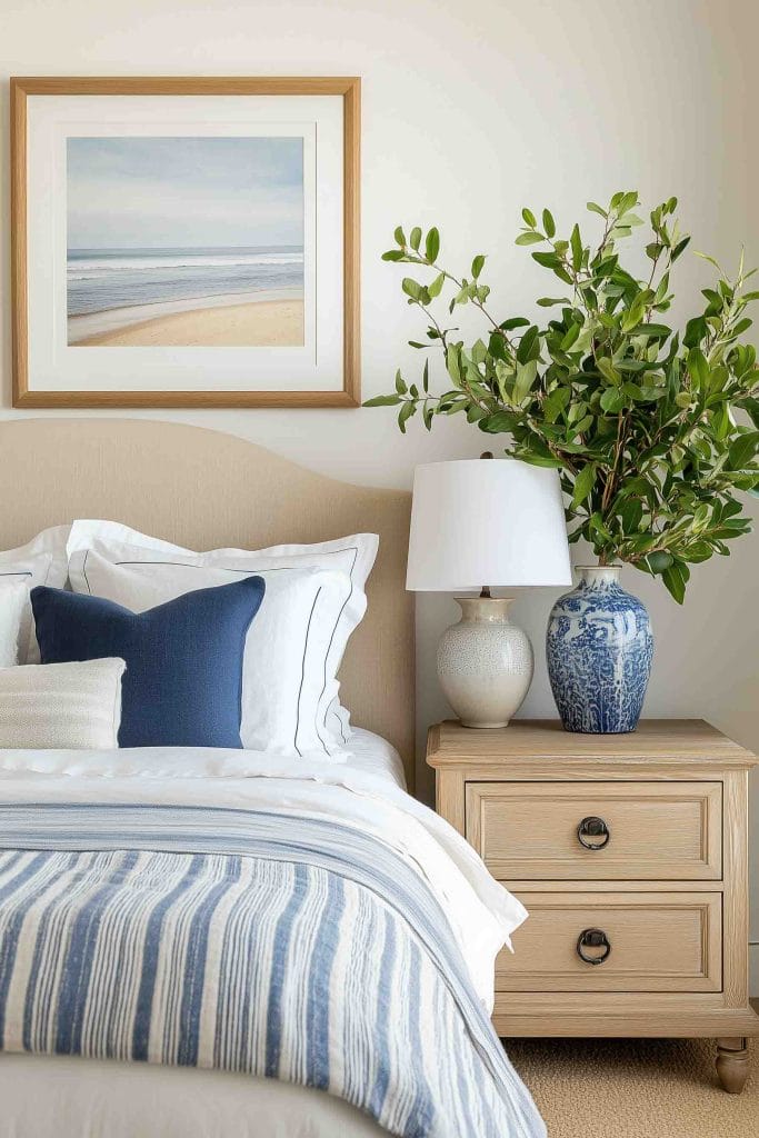 A bright and airy bedroom with a beige upholstered headboard, layered white and blue bedding, and decorative navy blue pillows. A nightstand with a ceramic lamp and a blue-and-white vase adds a natural touch with a green plant. Above the bed, a framed picture of a calm beach scene completes the coastal theme.