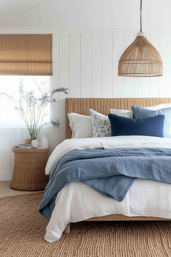 A tranquil, beachy bedroom featuring a rattan headboard, light linens, and soft blue throws. A wicker nightstand sits beside the bed, topped with delicate décor, while a rattan pendant lamp hangs above. The room has a relaxed, natural coastal vibe with subtle decorative elements.