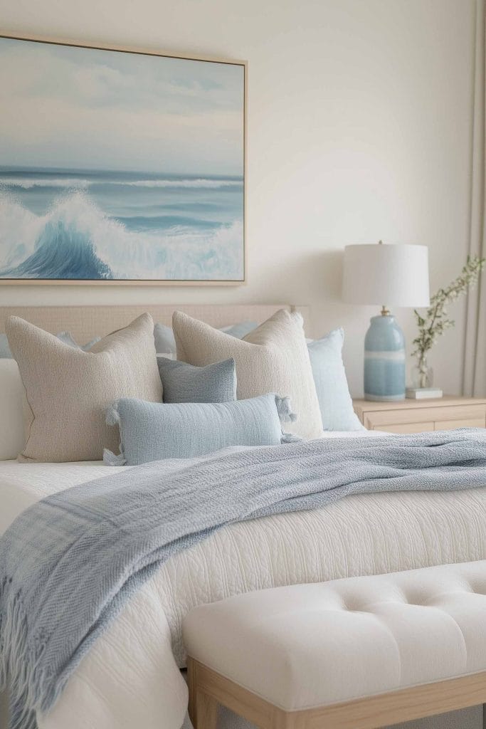 A calm and inviting bedroom featuring a painting of ocean waves above the bed. The bed is decorated with a mix of beige and light blue pillows, complemented by a soft blue throw. A light wood nightstand holds a ceramic blue lamp with greenery adding a fresh touch.