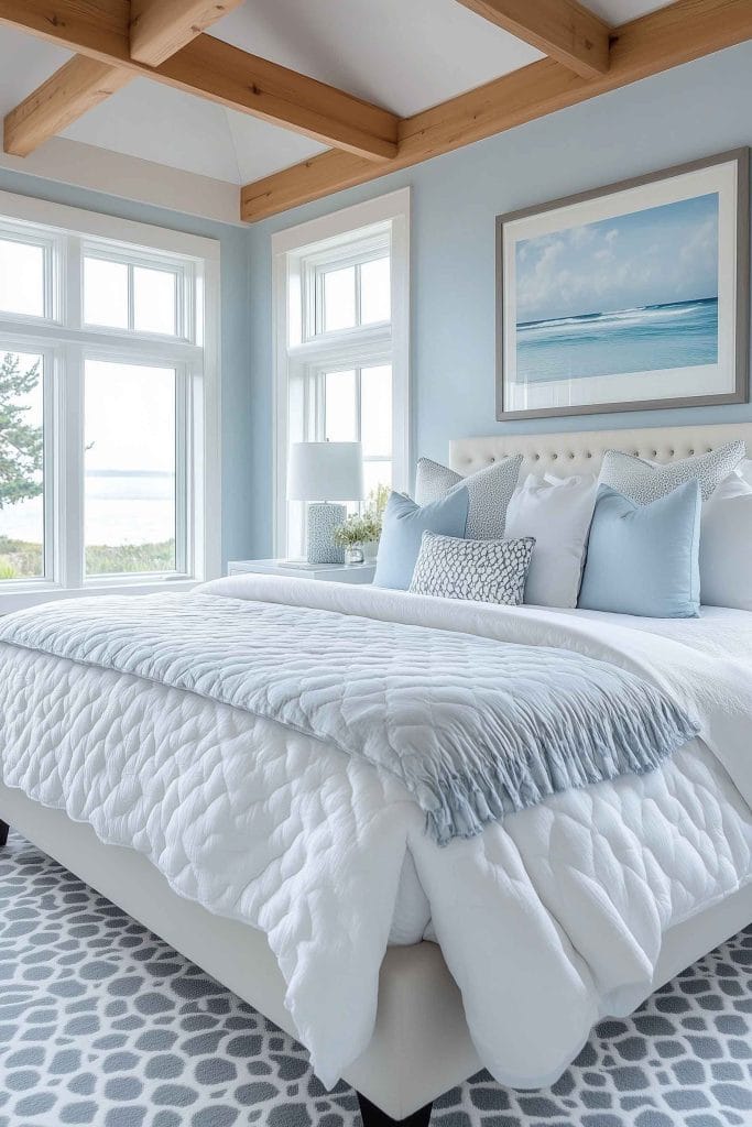 A bright bedroom with large windows overlooking the ocean. The room has a white upholstered bed with light blue pillows and a soft, textured quilt. A framed painting of serene ocean waves hangs on the light blue walls, while exposed wooden beams on the ceiling enhance the coastal atmosphere.