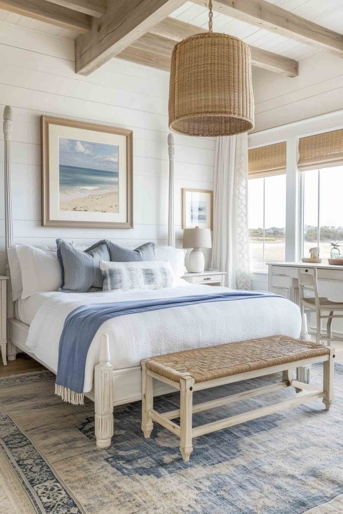 A light-filled bedroom featuring a white four-poster bed with soft white and blue bedding. A large woven pendant light hangs from a wooden-beamed ceiling, while a beach landscape painting above the bed adds to the serene coastal feel. The room is completed with a wicker bench at the foot of the bed and woven blinds on the windows.