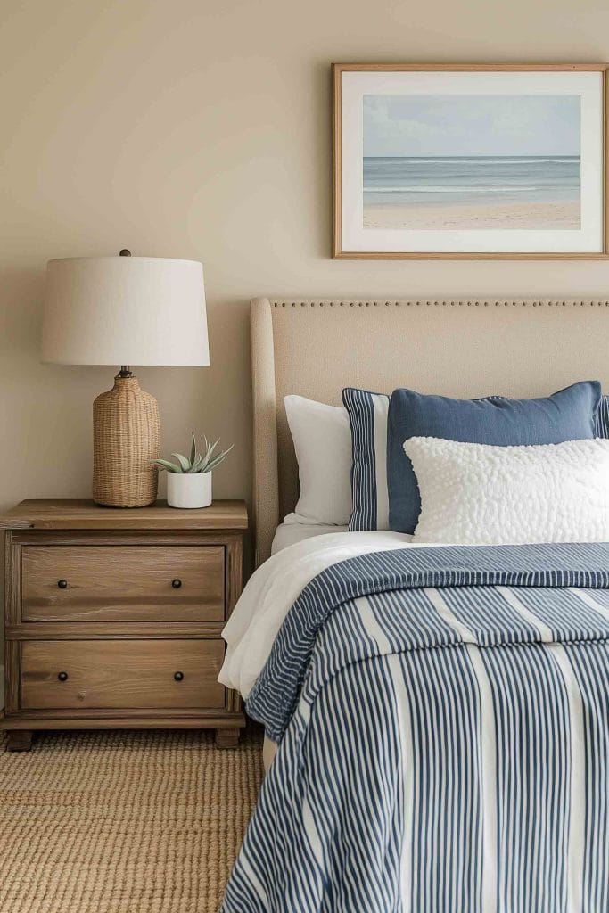 A cozy and rustic bedroom with a beige upholstered bed. The bed features blue striped bedding with navy and white pillows. A wooden nightstand holds a wicker lamp and a small plant, while a framed picture of a calm beach scene adds to the room’s relaxed coastal vibe.