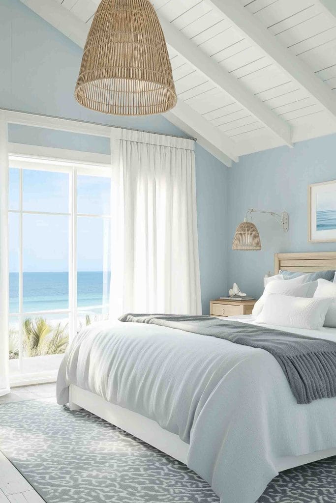 A light and airy bedroom with large windows that open to a stunning beach view. The bed has a white and gray color scheme, with a textured gray throw and simple white bedding. A large woven pendant light hangs from the vaulted ceiling, contributing to the coastal decor.