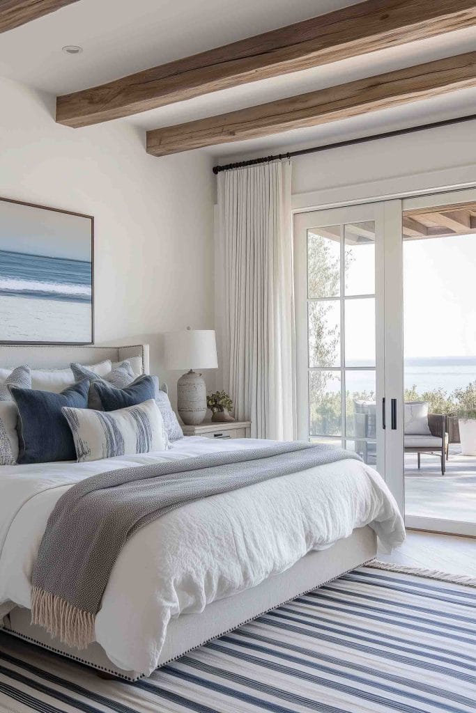 A spacious bedroom with rustic wooden beams on the ceiling and a large sliding door leading to an outdoor patio with ocean views. The bed is dressed in white and gray linens with ocean-inspired throw pillows. A striped rug on the floor and a coastal painting above the bed complete the serene atmosphere.