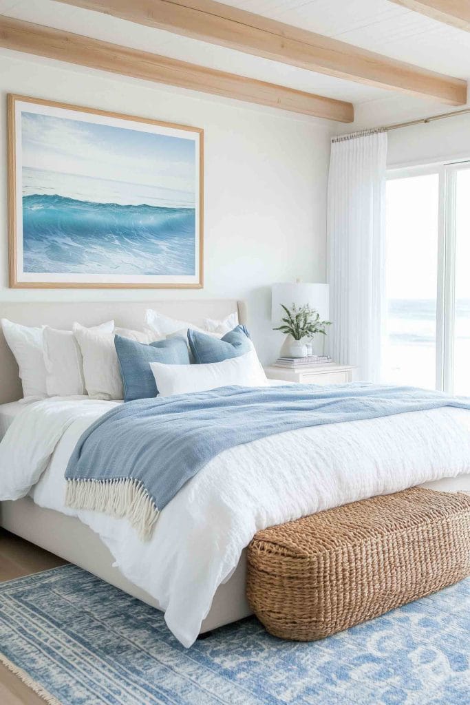 A serene coastal bedroom featuring a large framed painting of a turquoise ocean wave above the bed. The bed is adorned with white linens and soft blue accent pillows and throw. A woven basket sits at the foot of the bed on top of a light blue patterned rug, adding to the natural coastal elements.