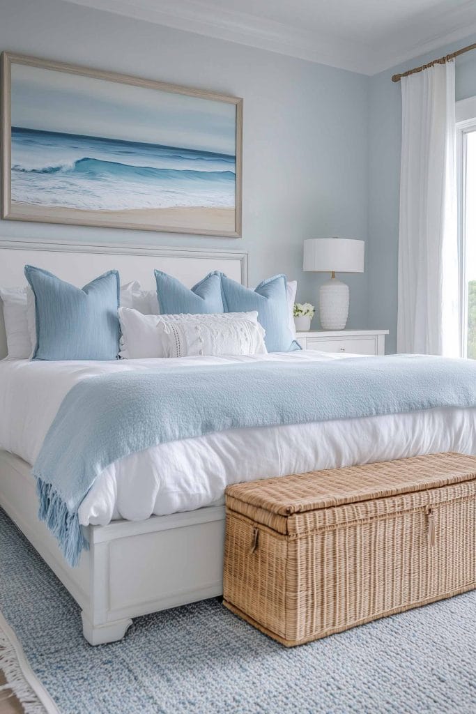 A light and airy bedroom with soft blue walls and a painting of gentle ocean waves above the white bed. The bed is dressed in white and pale blue linens with matching pillows. A wicker chest at the foot of the bed and a blue rug underfoot add texture to the tranquil coastal setting.