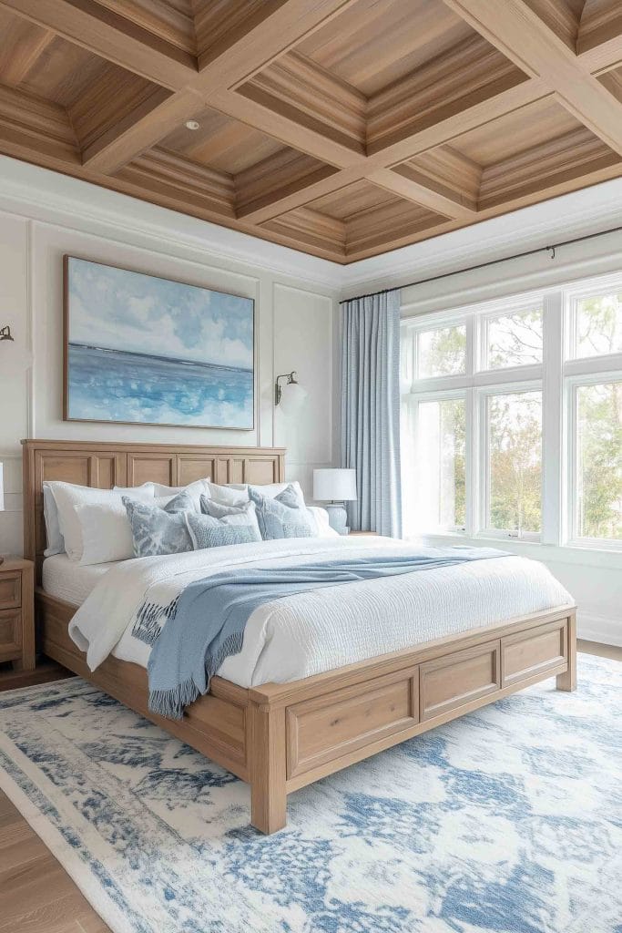 A spacious bedroom with a natural wood bed frame and a coffered wood ceiling. The room features light blue and white bedding, with a soft blue throw at the foot of the bed. A large ocean-themed painting hangs above the bed, while light wood nightstands flank the sides of the room, contributing to the peaceful ambiance.