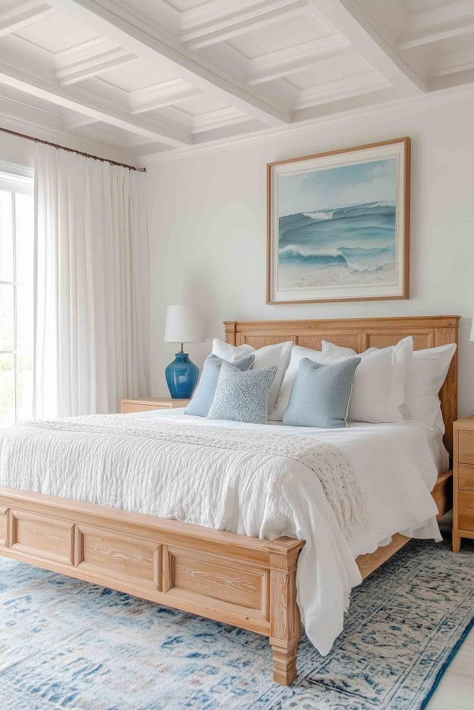 A bright and spacious bedroom with a natural wood bed frame and a coffered white ceiling. The bed is dressed in white linens and pale blue accent pillows. A blue ceramic lamp adds a pop of color to the wooden nightstand. Above the bed hangs a framed painting of ocean waves, tying together the calming, beachy theme.