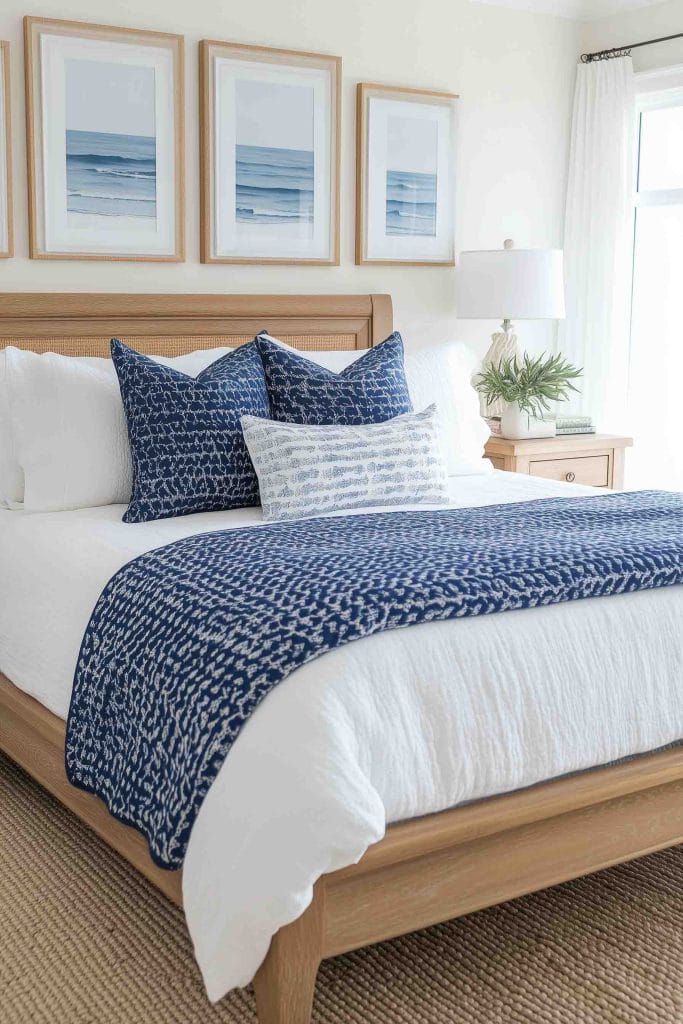 A minimalist coastal bedroom featuring a light wood bed frame with white bedding. Blue-patterned pillows and a matching throw blanket add color and contrast to the setup. Above the bed are four framed pictures of ocean waves, creating a cohesive and peaceful coastal aesthetic.