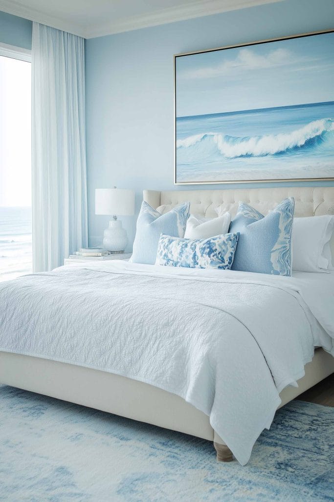 A bright coastal-themed bedroom with soft blue walls and a large framed painting of crashing ocean waves above the bed. The bed features white linens with light blue accent pillows and a matching throw. A white lamp sits on the bedside table, adding to the serene and airy vibe.