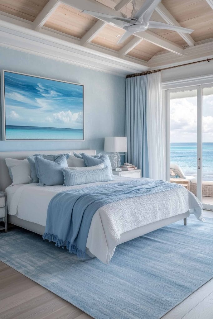 A spacious bedroom with oceanfront views, soft blue walls, and a coffered ceiling. The bed is dressed in light blue bedding, and a painting of a tranquil ocean scene hangs above the bed. Large windows allow natural light to fill the room, enhancing the beachy ambiance.