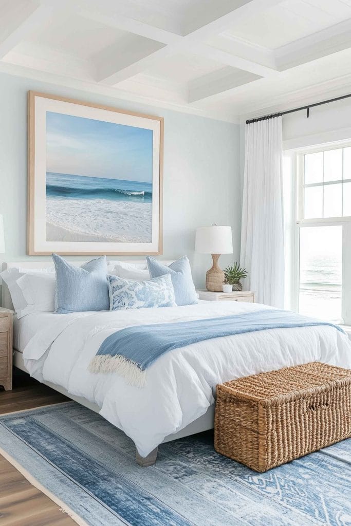 A calming coastal bedroom with light blue walls and white bedding. The bed features blue accent pillows and a light blue throw, while a large ocean painting hangs above the bed. The room is anchored by a blue-toned area rug and a woven storage basket at the foot of the bed.