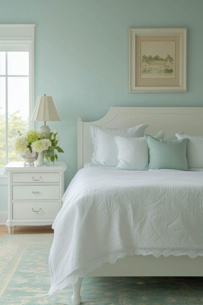 A quaint and cozy bedroom with soft green walls, a white bed frame, and matching white linens. A small nightstand with a classic white lamp and a bouquet of flowers sits beside the bed. The room has a simple, fresh aesthetic with a touch of greenery for added warmth.