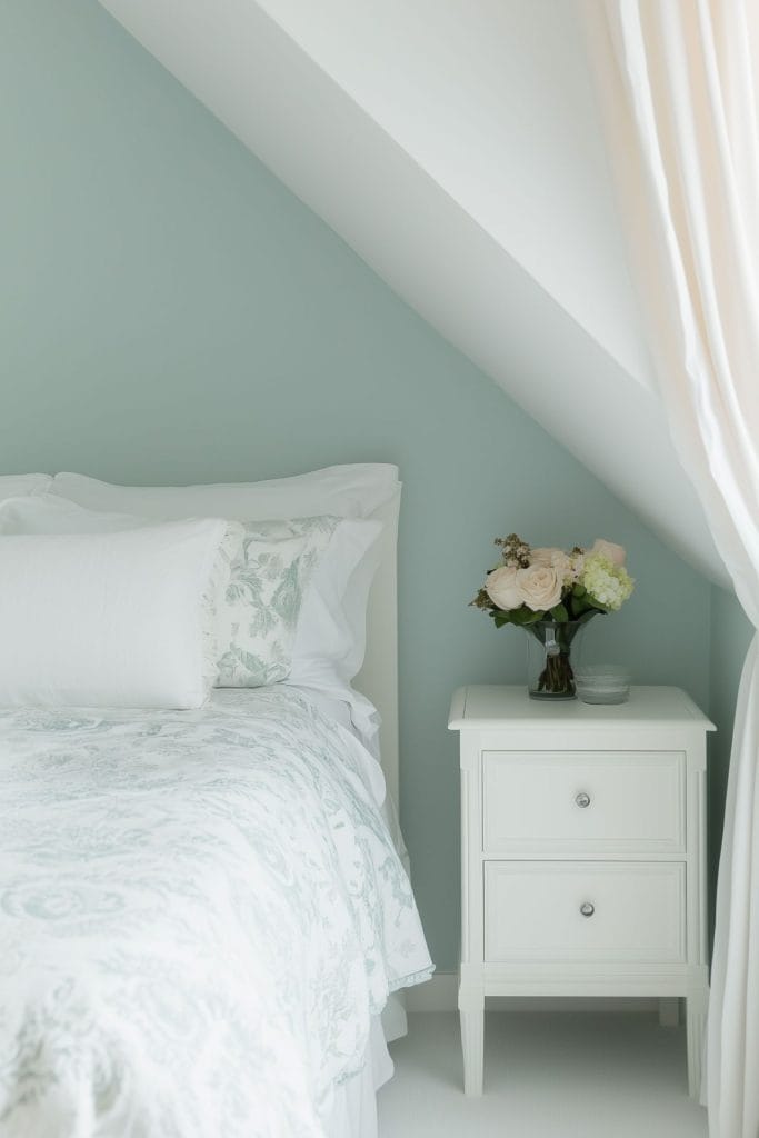 A small, peaceful bedroom tucked under a sloped ceiling, painted in soft green tones. The white bed is adorned with subtle floral bedding, and a white nightstand holds a vase of fresh flowers. Light drapes soften the space, giving it a cozy, intimate feel.