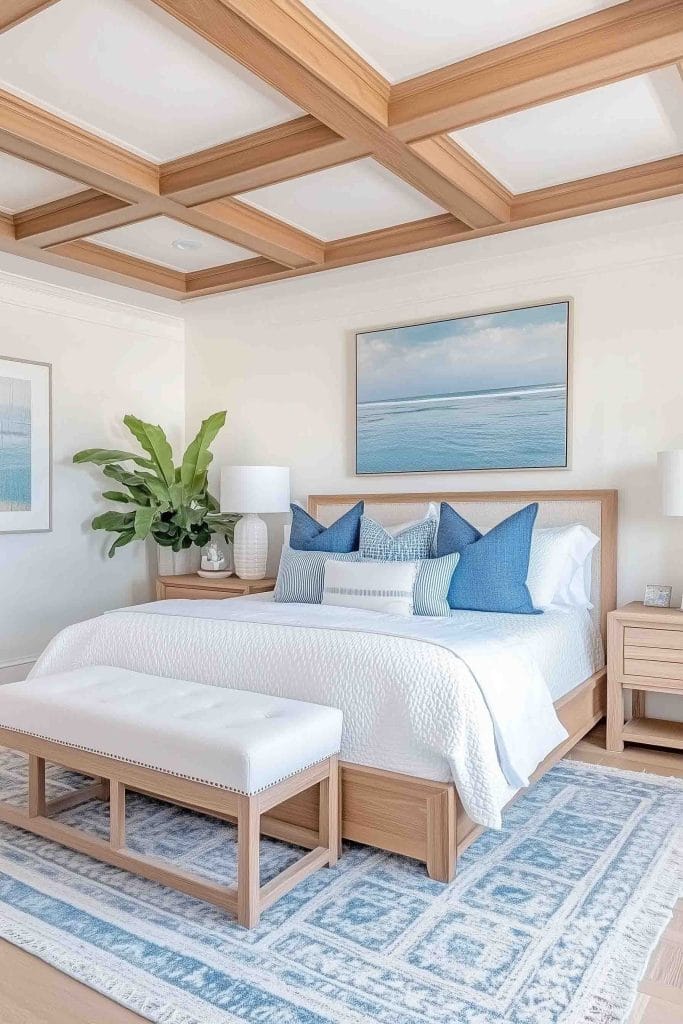 A coastal-inspired bedroom with light wood furniture, including a bed with a white upholstered bench at the foot. The room features white and blue bedding with blue accent pillows. A framed ocean scene hangs above the bed, while a large green plant and coffered ceiling complete the fresh, airy look.