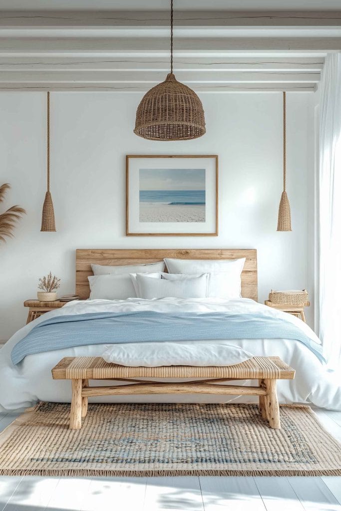 A serene bedroom with a natural wood bed frame and soft white bedding. The room has light blue accents, a rattan pendant light, and minimal decor, evoking a relaxed coastal vibe. A framed picture of a beach hangs above the bed, enhancing the tranquil atmosphere.