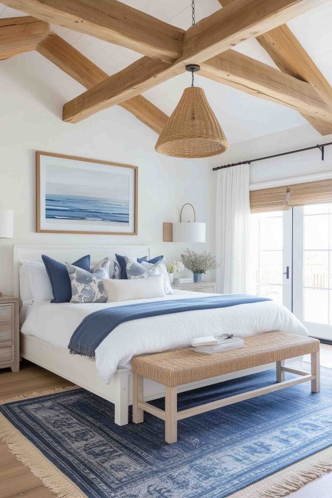 This bedroom features exposed wooden beams and a large rattan light fixture. The bed is adorned with white and blue bedding, and a coastal painting hangs above. The room is brightened by natural light, and a woven bench sits at the foot of the bed.