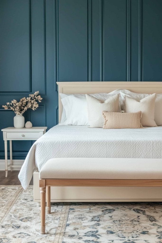 A cozy bedroom with deep blue accent walls and light cream bedding. The room has a minimal yet elegant decor with a light wood bench and matching side tables, creating a calming coastal theme.