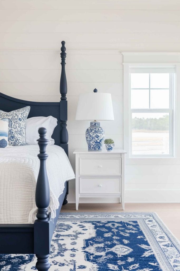 A bedroom with a four-poster dark blue bed frame and white bedding accented with blue pillows. The room has white paneled walls, a bright coastal rug, and blue-and-white ceramic table lamps, giving it a classic coastal look.