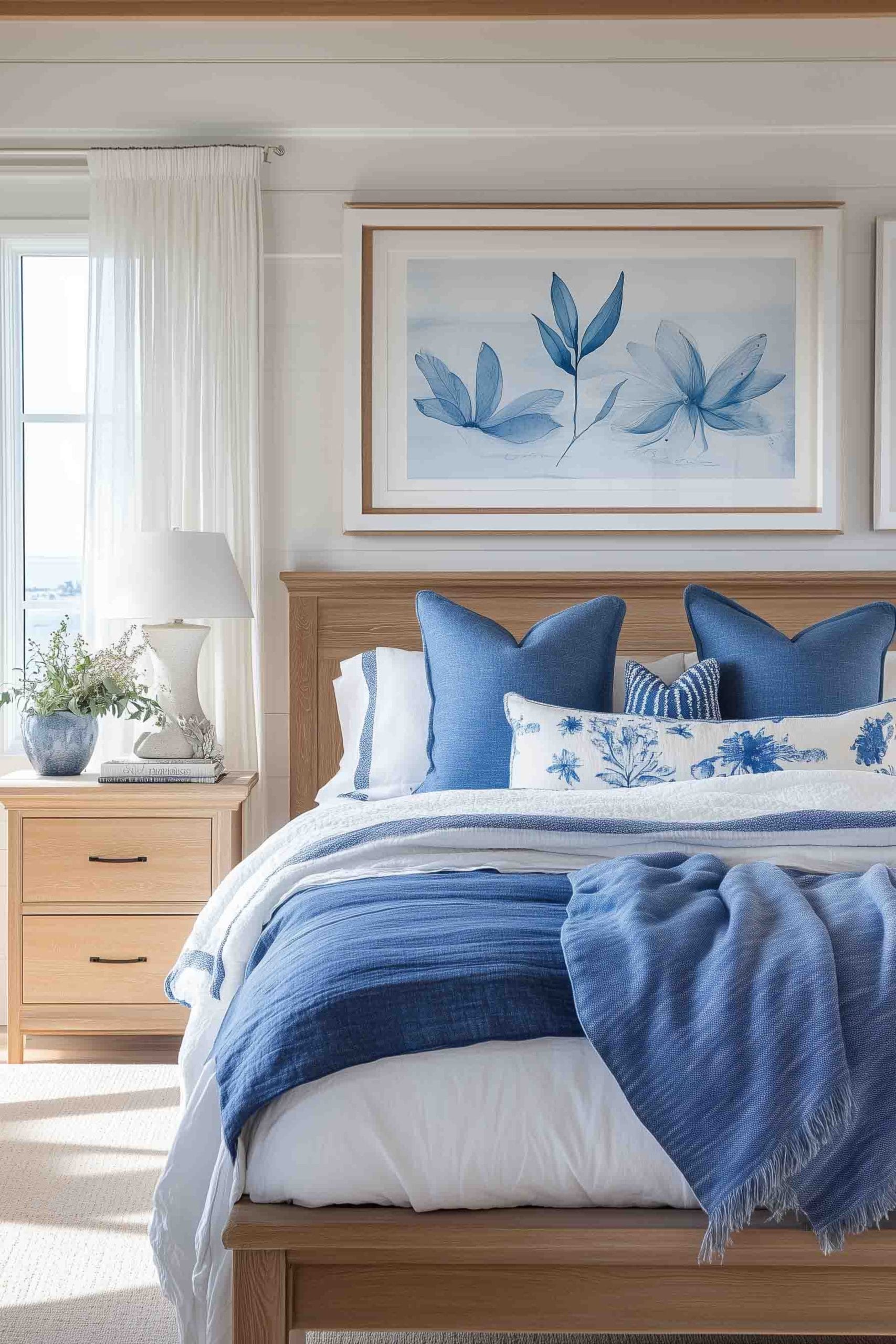 A light-filled bedroom featuring natural wood furniture, with light blue and white bedding. The room is decorated with blue floral artwork above the bed, and soft textures that bring a fresh, airy coastal feel.