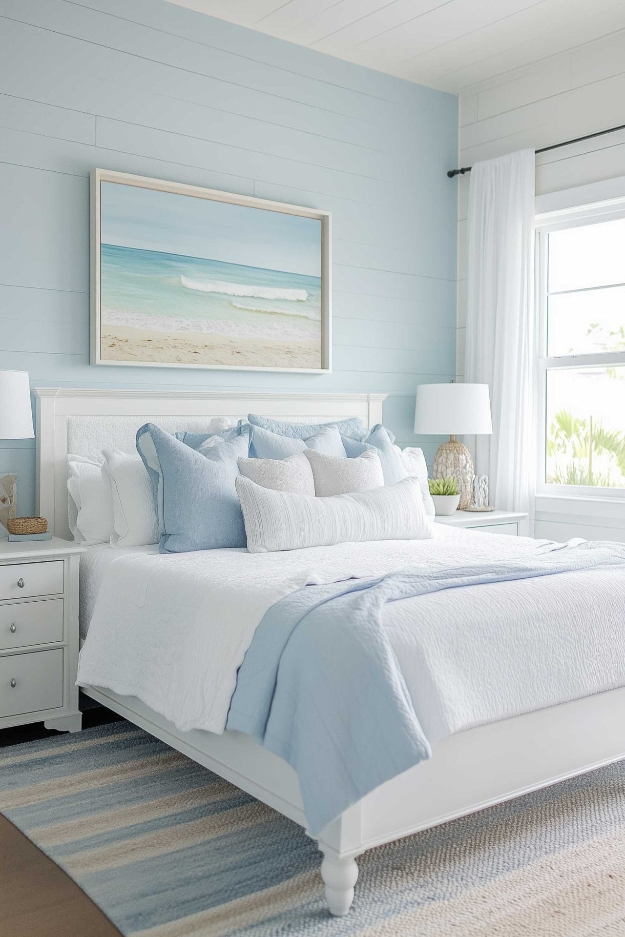 A light and airy coastal-themed bedroom with a pastel blue color scheme. The room features a white bed with light blue pillows, white bedding, and a soft blue throw. A beach-themed painting with soft waves hangs above the bed. The walls are a pale blue with white trim, and large windows allow natural light to flood the space.