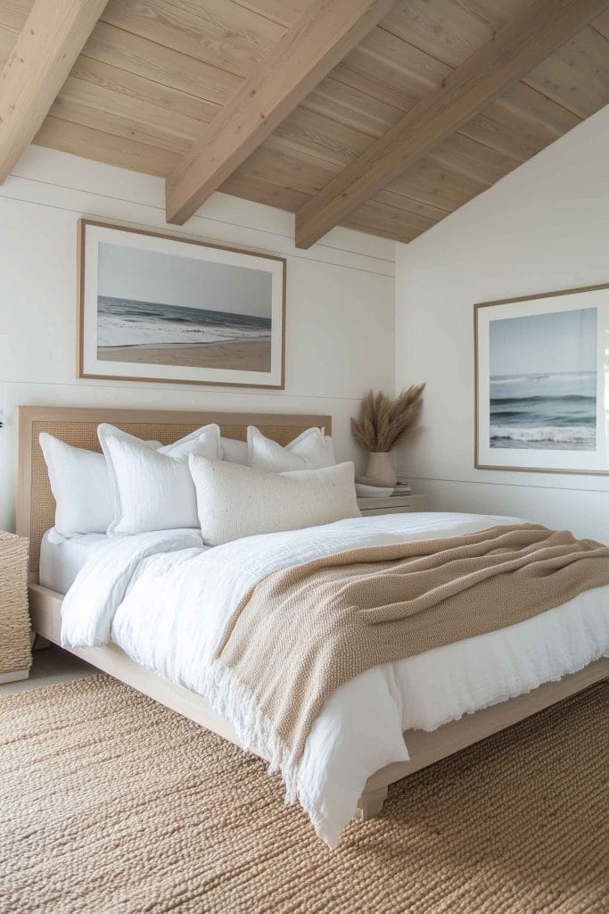 A serene coastal bedroom with neutral tones and natural textures. The bed is made with white bedding and tan blankets, surrounded by light wooden accents, including the ceiling beams. The artwork on the wall features a tranquil beach scene, creating a calming ambiance.