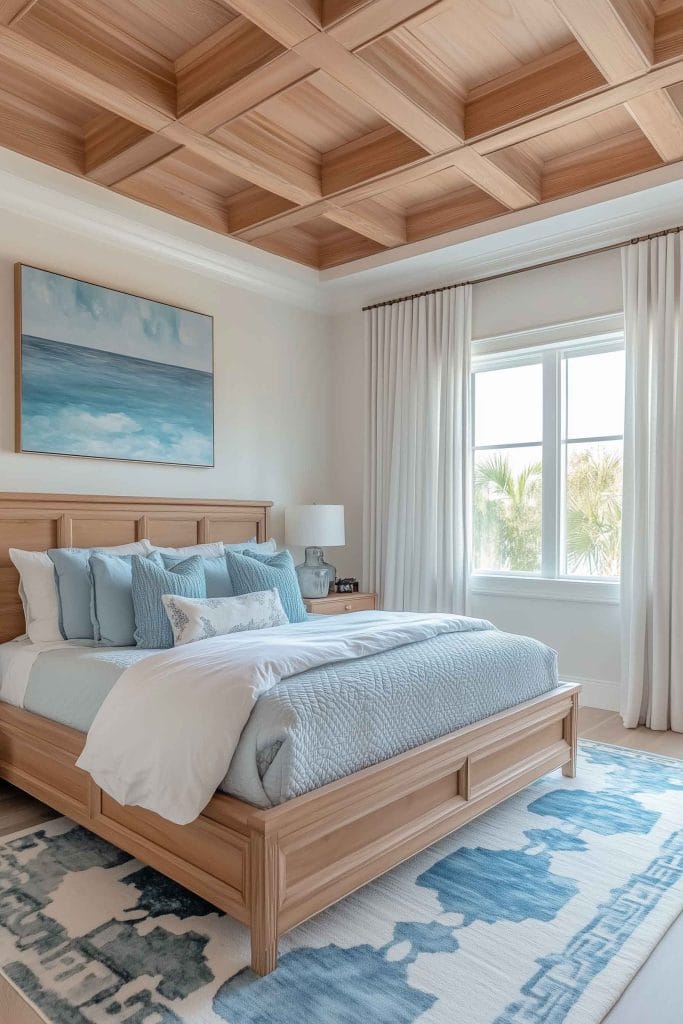 A bedroom with natural wood tones and a beautiful coffered ceiling. The bed is dressed in soft blue and white linens with a large coastal landscape painting above it. The room is illuminated by natural light from the windows, with soft white curtains adding to the airy atmosphere.