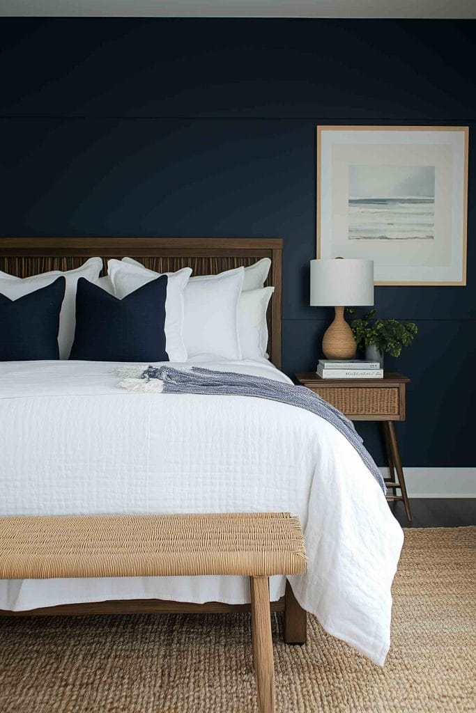 A modern coastal bedroom with deep navy blue walls contrasted by crisp white bedding. Dark navy accent pillows and a light wooden bed frame give the space a balanced and cozy look. A bench with natural woven textures sits at the foot of the bed, complementing the beachy theme.