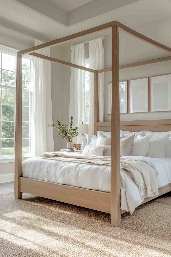 A bright and inviting bedroom with a four-poster light wood bed. The neutral color palette of whites and beige tones is enhanced by soft natural light pouring through large windows. The room has a minimalist aesthetic with a clean, calming beachy vibe, complete with white curtains and light bedding.